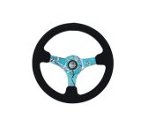 NRG Reinforced Suede Steering Wheel (350mm / 3in. Deep) Hydro Dipped Blossom Floral w/ Teal Stitch thumbnail 1