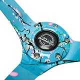 NRG Reinforced Suede Steering Wheel (350mm / 3in. Deep) Hydro Dipped Blossom Floral w/ Teal Stitch thumbnail 2