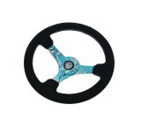 NRG Reinforced Suede Steering Wheel (350mm / 3in. Deep) Hydro Dipped Blossom Floral w/ Teal Stitch thumbnail 5