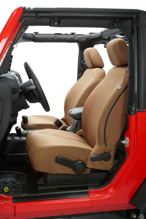 Bestop 20-23 Jeep Gladiator / 18-2023 Wrangler JL 4-Door Front Seat Covers (Tan) thumbnail 1