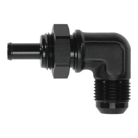 DeatschWerks 10AN Male Flare Bulkhead to 3/8in Hose Barb 90-Degree