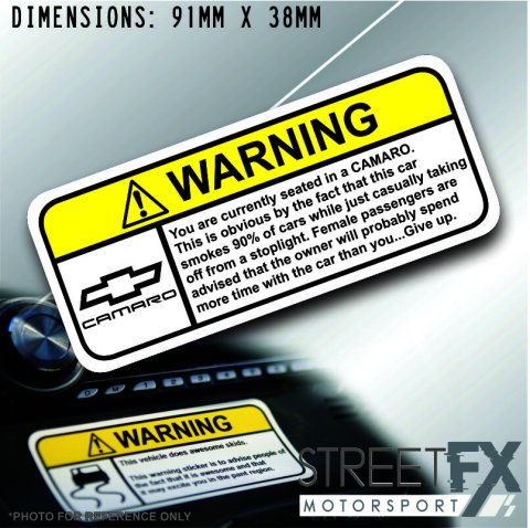 Chevrolet Camaro VISOR Warning Sticker Decal