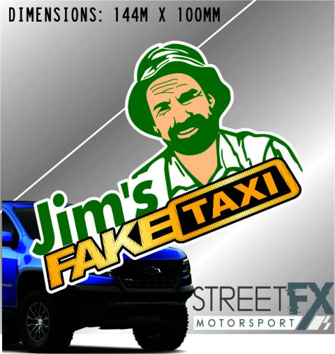 Jim's Fake Taxi Sticker Funny Culture Aussie Graphic Meme Quirky Car  4x4 thumbnail 1